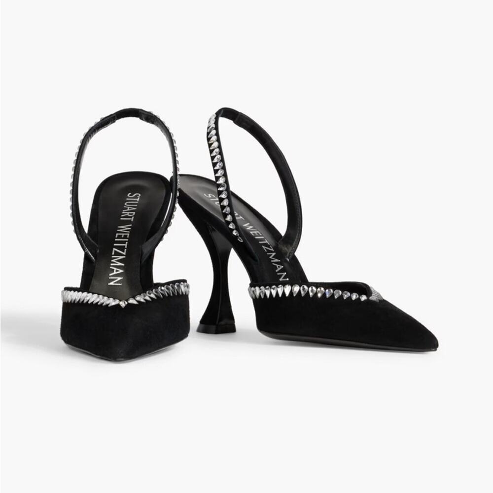 STUART WEITZMAN Crystal Embellished Black Suede Slingback Pumps Size 6.5